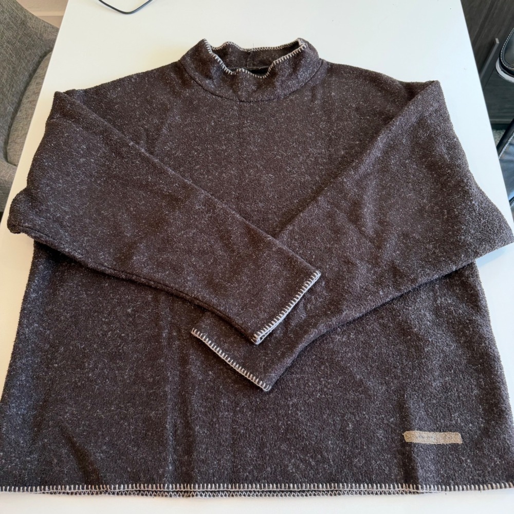 Dakini Vintage Fleece Mock Neck Pullover Brown Blanket Stitch Mens Medium USA